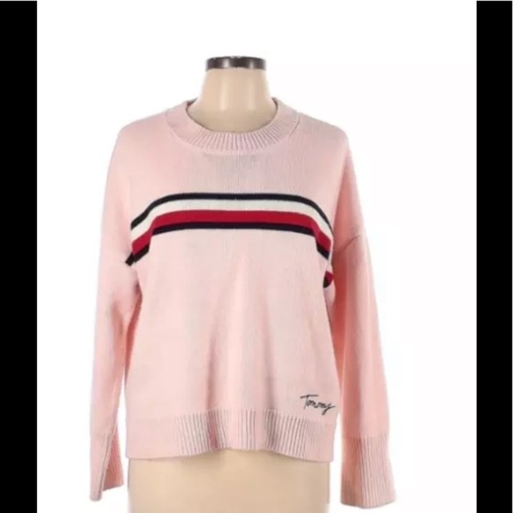 Womens Tommy Hilfiger Y2K Sz Small Sweater Crop Knit Hi Low Pink Stripe Logo EUC - Picture 1 of 7